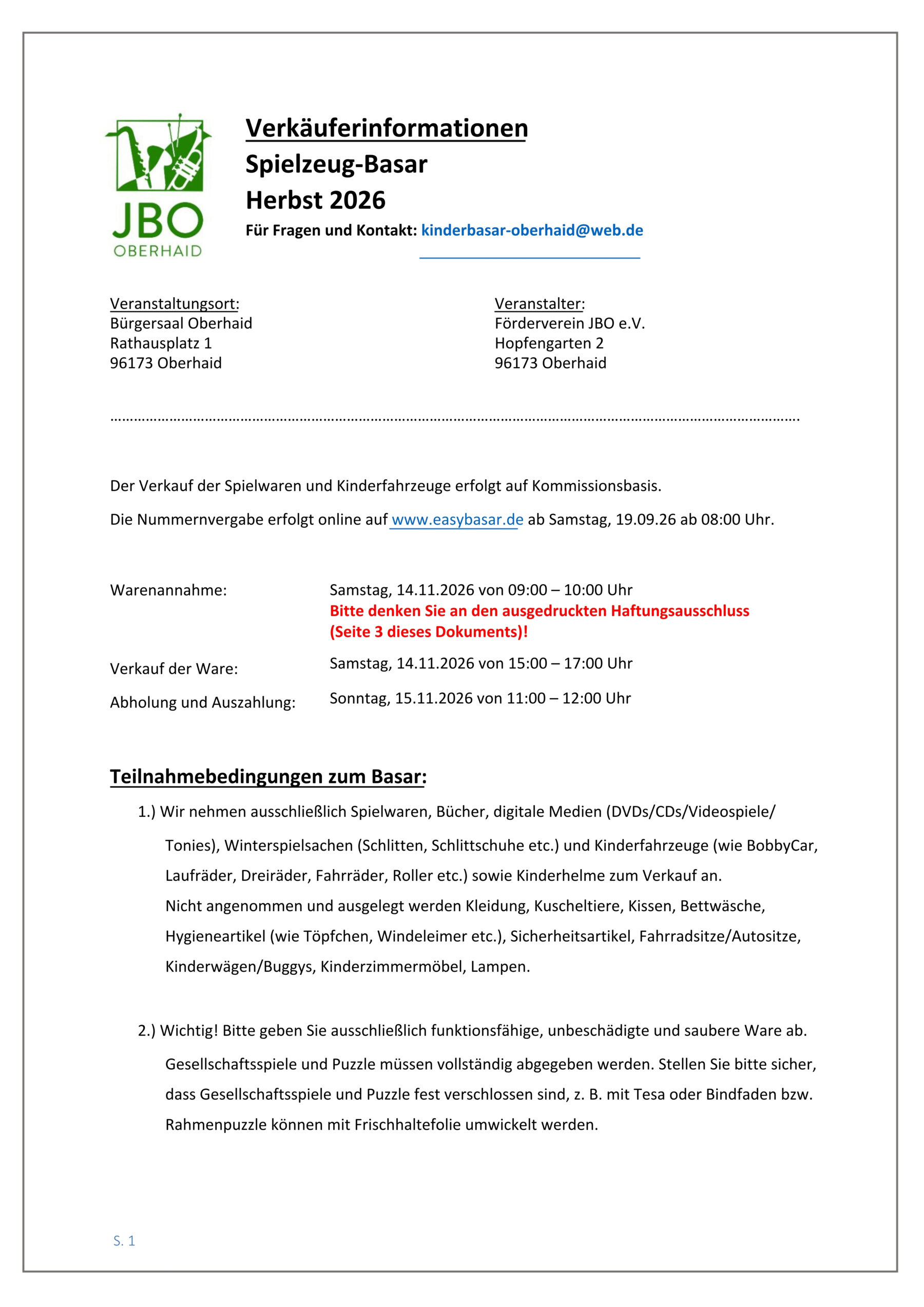 Verkäuferinformationen Spielzeug-Basar Herbst 2026, Seite 1