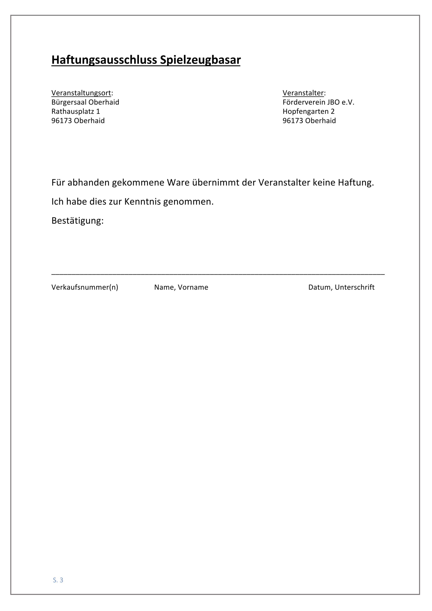 Verkäuferinformationen Spielzeug-Basar Herbst 2026, Seite 3 (Haftungsausschluss)